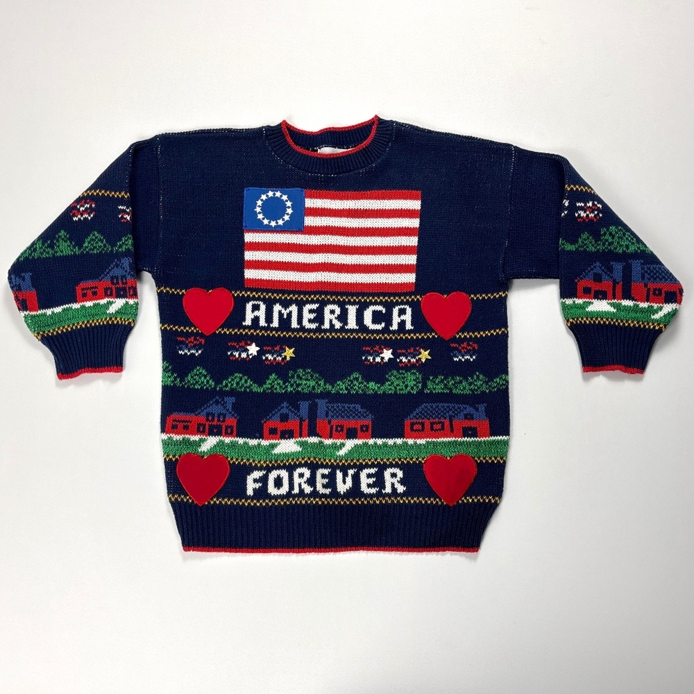 VTG America Forever Womens 3/4 Sleeve Sweater Loft Blue Sz S Flag USA Cotton